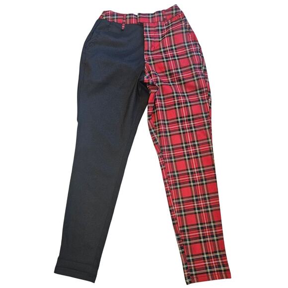 Hot Topic Black Red Tartan Plaid Split Pants sz Extra Small Punk Emo Rock Retro - Picture 1 of 6